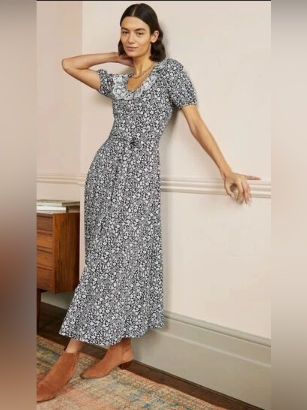 Boden trim detail midi dress navy size 14L nwt style d0135